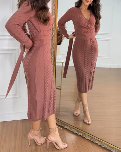 Cable Textured Overlap Deep V Neck Long Sleeve Mid Length Dress Tie Waist Slim Fit Knit Dress