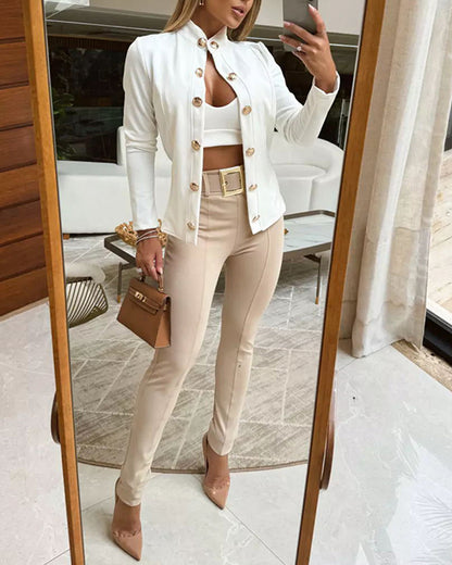 Stand Collar Long Sleeve Blazer Metal Button Front Work Office Jackets Coat