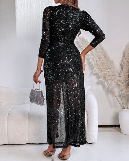 Allover Sequin Overlap Deep V-Neck Puff Sleeve High Slit Evening Dress Twist Front Cinched Waist Party Dress