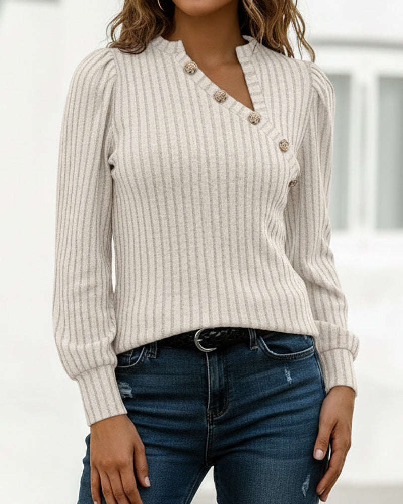 Button Decor Asymmetrical V-Neck Long Sleeve Ribbed Tee Casual Knit Brushed Top