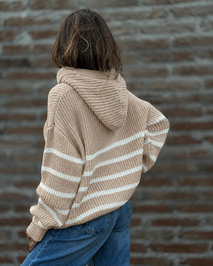 Women's Striped Henley Drawstring Hooded Sweater Loose Fit Lantern Sleeve Knit Pullover