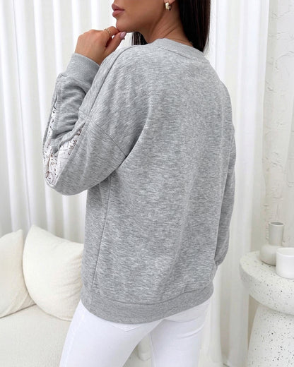 Women's Lace Patchwork Sweatshirt Crewneck Long Sleeve Pullover Slit Sleeve Casual Loose Fit Top