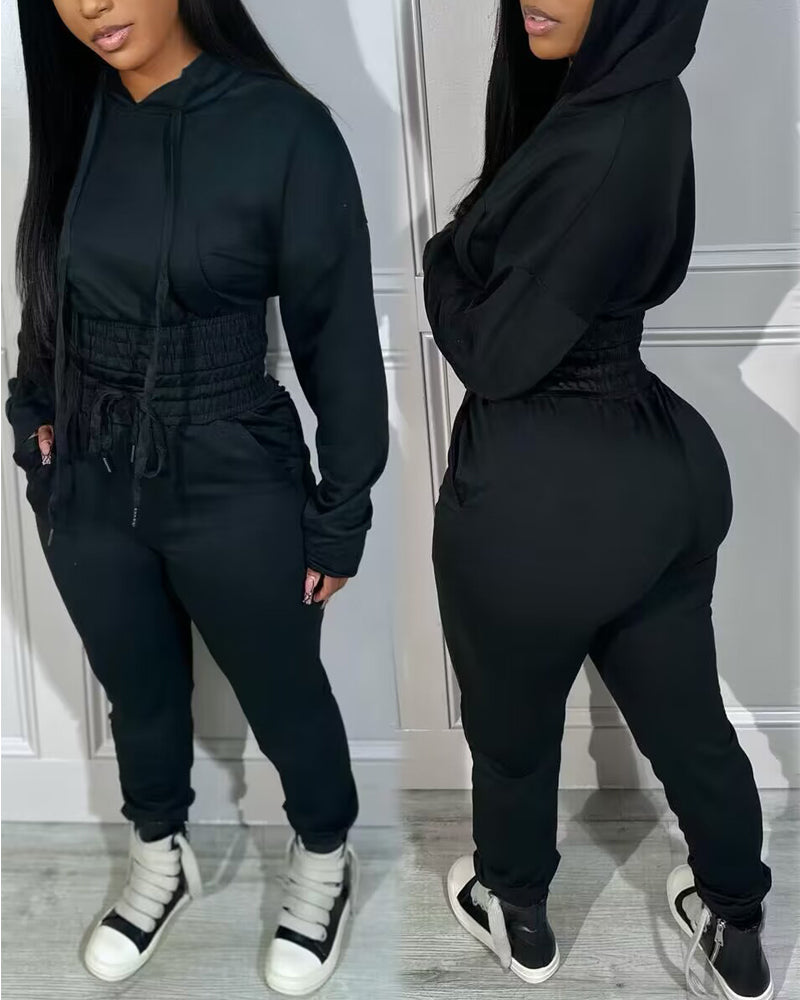 2 Pieces Outfit Drop Shoulder Kangaroo Pocket Stretchy Hem Crop Drawstring Hoodie Sweatshirt And Drawstring Elastic Waist Jogger Sweatpants Casual Tracksuit
