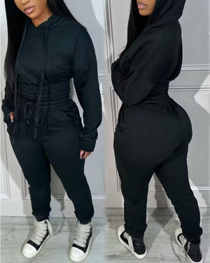 Conjunto deportivo casual de 2 piezas: sudadera corta con capucha, hombros caídos, bolsillo canguro, bajo elástico y cordón, con pantalones deportivos tipo jogger de cintura elástica y cordón