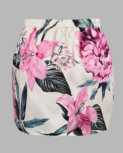 2 Pieces Outfit Notched Collar Double Breasted Crop Blazer and Elastic Back Waist Side Zipper Asymmetrical Hem Skort Set Casual Floral Print Commuting Set