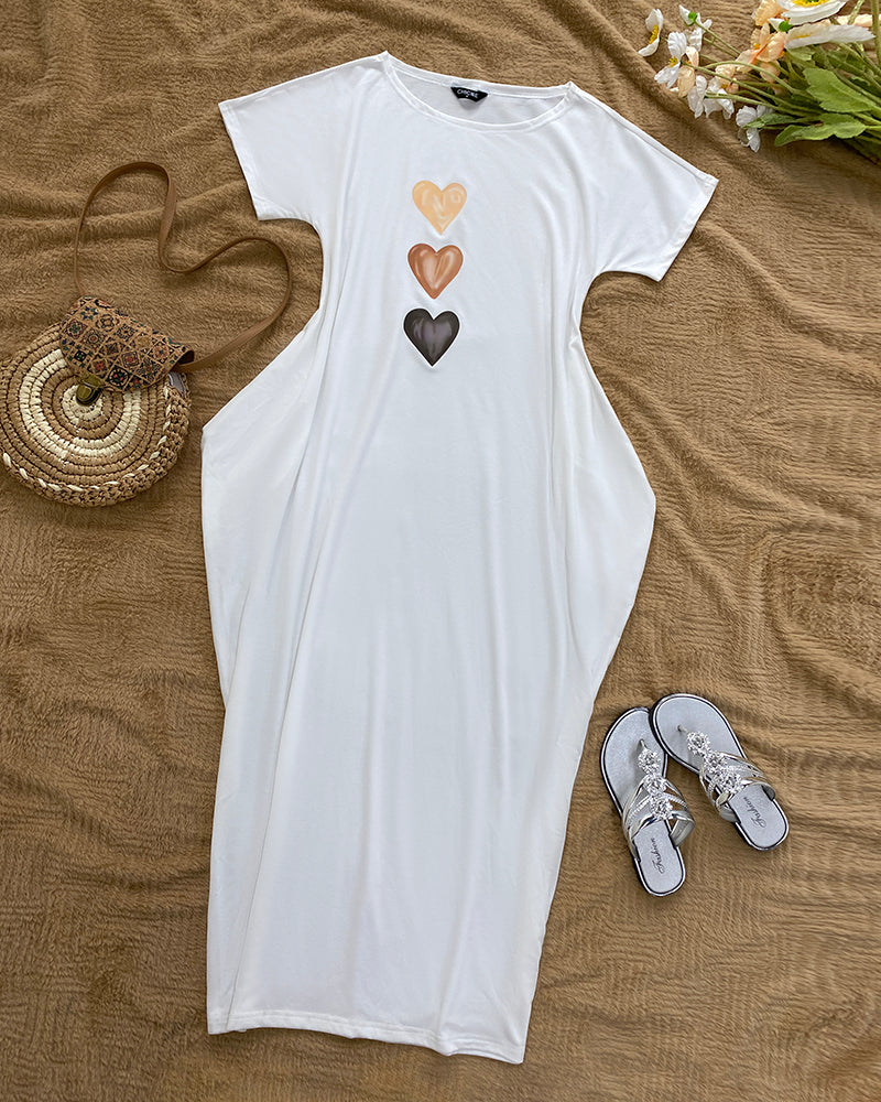 Heart Pattern Cold Shoulder Short Sleeve Maxi Dress Casual Pocket Design Loose Fit Dress