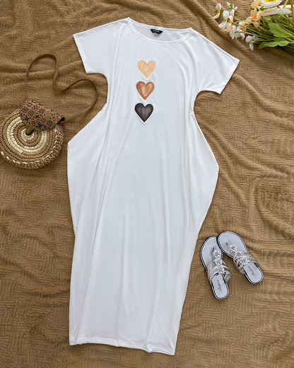 Heart Pattern Cold Shoulder Short Sleeve Maxi Dress Casual Pocket Design Loose Fit Dress