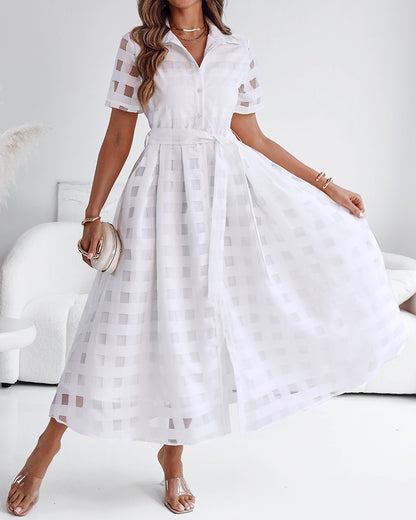 Turn Down Collar Plaid Mesh Double Layered Cinched Waist Maxi Dress Button Down Bow Tie Waist Commuting Dress
