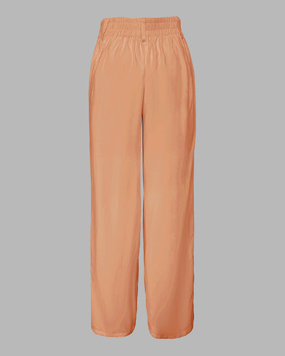 2 Pieces Outfit Turn-down Collar Cap Sleeve Button Front Tied Detail Top and Casual Zipper Fly Elastic Back Waist Wide-Leg Pants Set