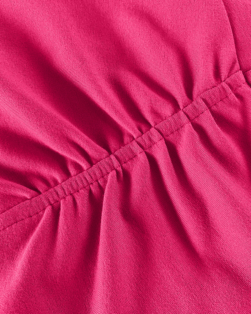 3D Flower Decor Round Neck Puff Sleeve Bodycon Dress Casual Ruched Slit Zipper Back Work Dress