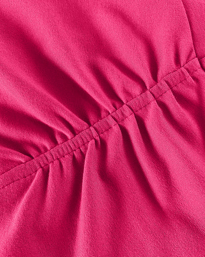 3D Flower Decor Round Neck Puff Sleeve Bodycon Dress Casual Ruched Slit Zipper Back Work Dress