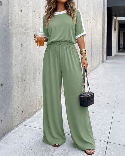 Women's 2 Piece Set Convertible Boat Neck Contrast Binding Top and Wide-Leg Pants with Pockets