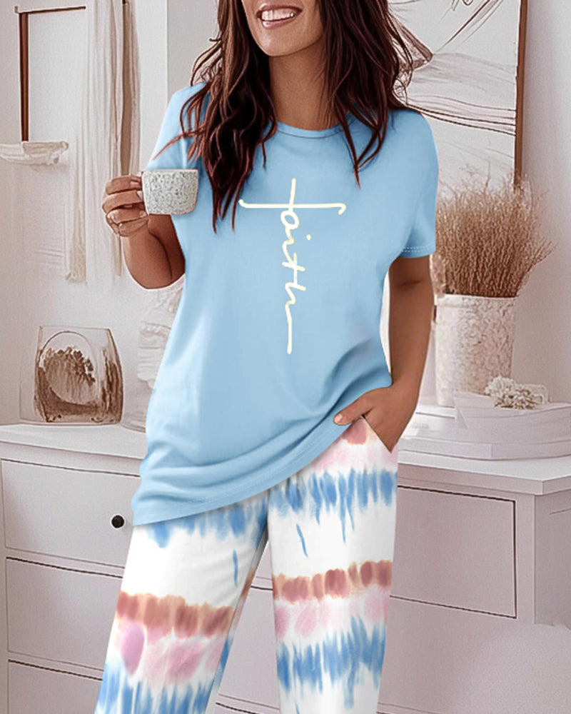 2 Pieces Outfit Letter Print Round Neck Short Sleeve Top And Tie Dye Print Elastic Waist Loose Fit Pants Set Casual Pajamas Set