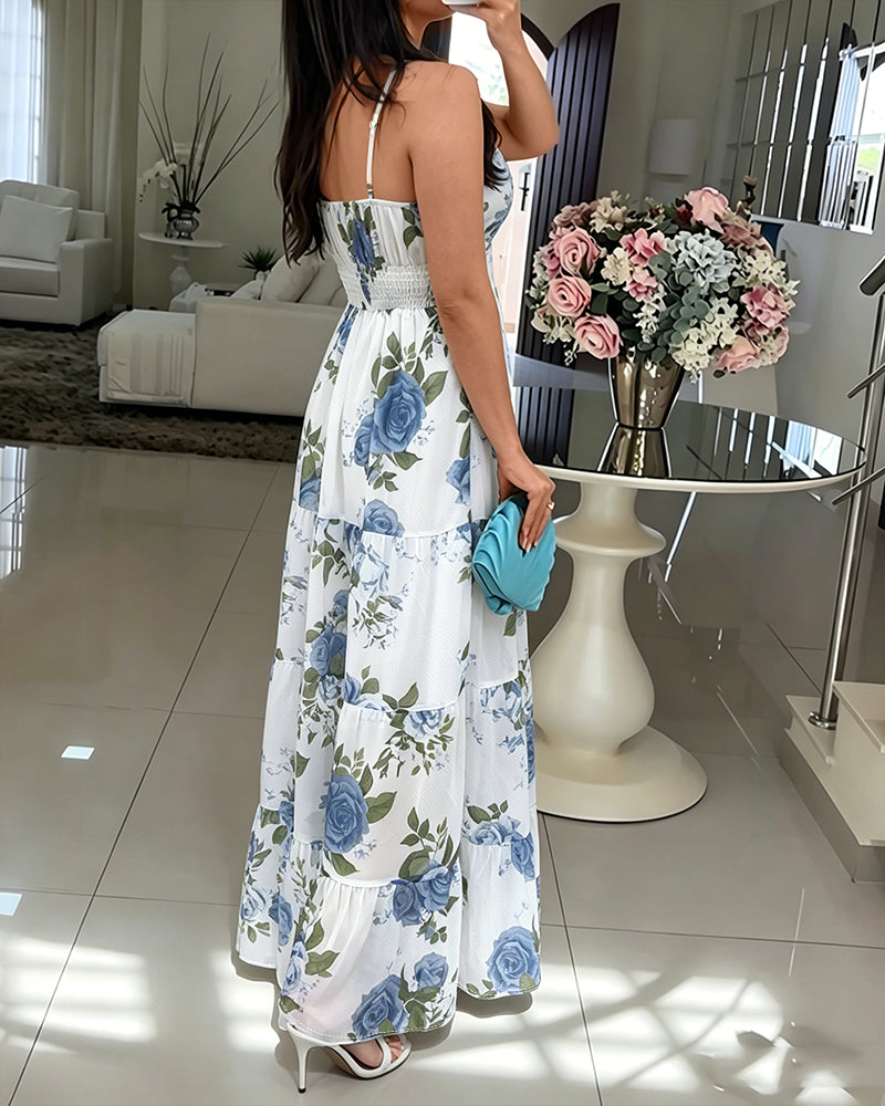 Women's Floral Print Maxi Dress Ruffle Hem Cami Dress V Neck Shirred Summer Vacation Boho Long Dress with Built-In Bra