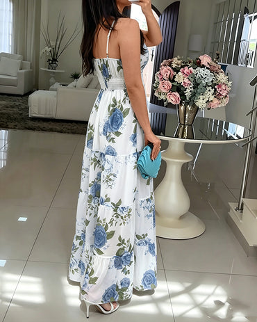Women's Floral Print Maxi Dress Ruffle Hem Cami Dress V Neck Shirred Summer Vacation Boho Long Dress with Built-In Bra