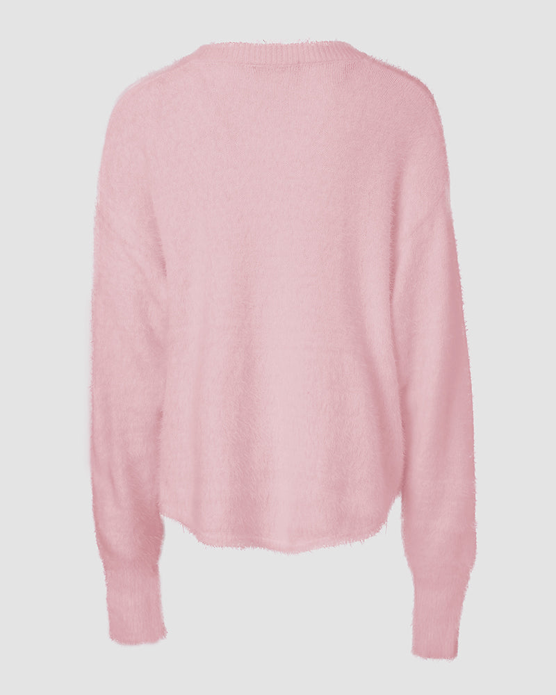 V Neck Long Sleeve Beaded Decor Oversized Sweater Fluffy Pullover Top