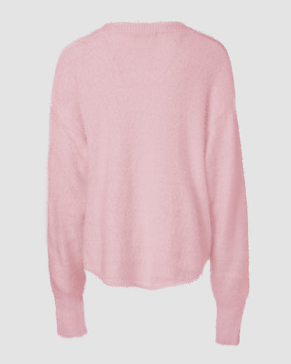 V Neck Long Sleeve Beaded Decor Oversized Sweater Fluffy Pullover Top