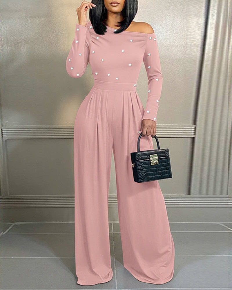 Pearls Decor Skew Neck Long Sleeve Cinched Waist Overalls Casual Ruched Zipper Back Wide Leg Jumpsuit