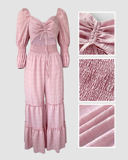 Square Neck Long Sleeve Drawstring  Shirred Jumpsuit