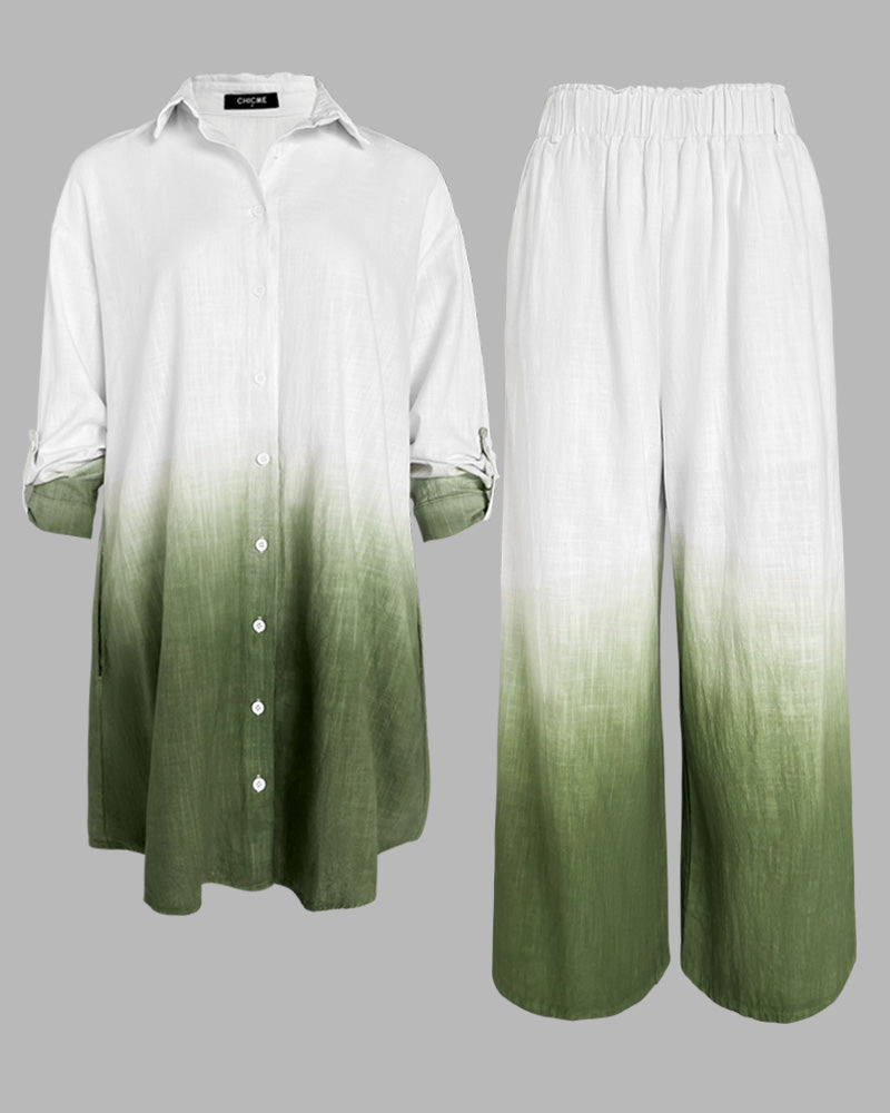 2 Pieces Outfit Ombre Print Long Sleeve Blouse And Casual High Waist Wide Leg Pants Set (Without Belt)