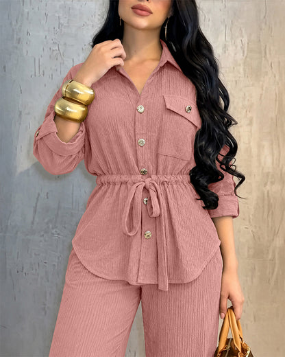 2 Pieces Outfit Vintage Turn-down Collar Roll Up Sleeve Button Front Flap Pocket Design Waist Drawstring Top and Elastic Waist Wide Leg Pants Set Casual Textured Commuting Set