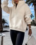 High Neck Half Zip Long Sleeve Kangaroo Pocket Sweatshirt Casual Drop Shoulder Top
