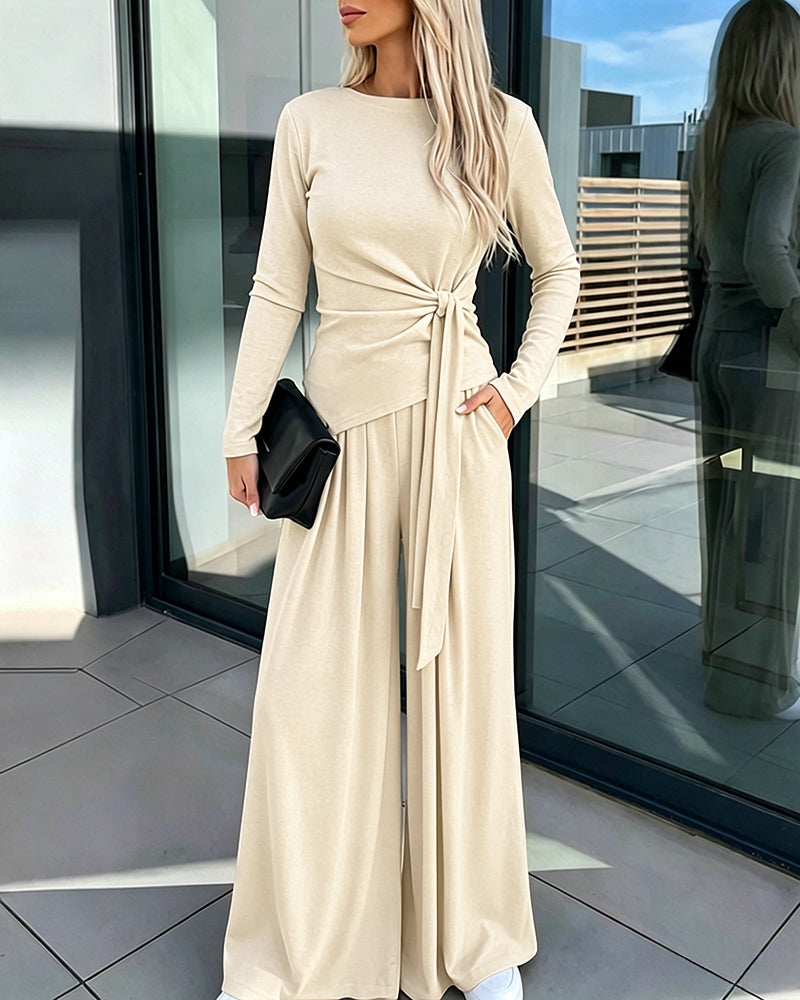 Women's 2 Piece Knit Lounge Set Long Sleeve Tie Waist Top and High Waisted Wide Leg Pants Casual Soft Sweatsuit with Pockets
