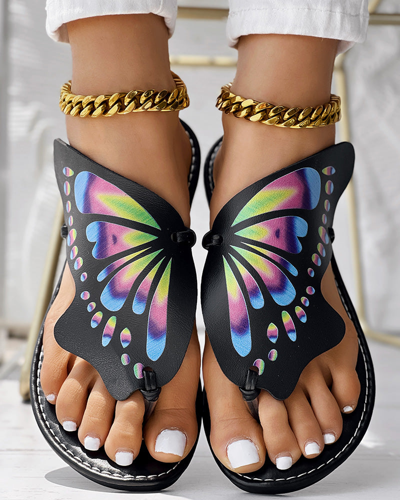 Colorblock Butterfly Print Toe Post Slippers