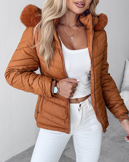 Zipper Pocket Design Shirred Fuzzy Trim Fleece Lined Hooded Puffer Jacket