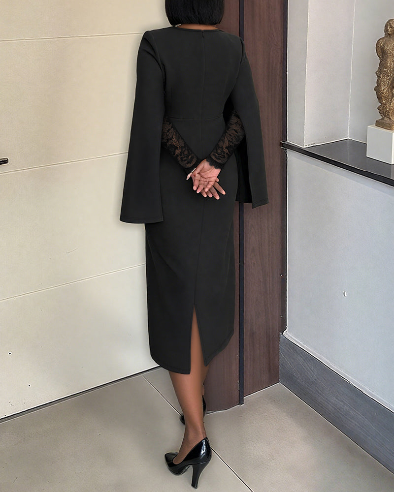 Asymmetrical Foldover Neck Lace Long Sleeve with Split Sleeve Overlay Party Dress Slim Fit Zipper Back Slit Commuting Dress
