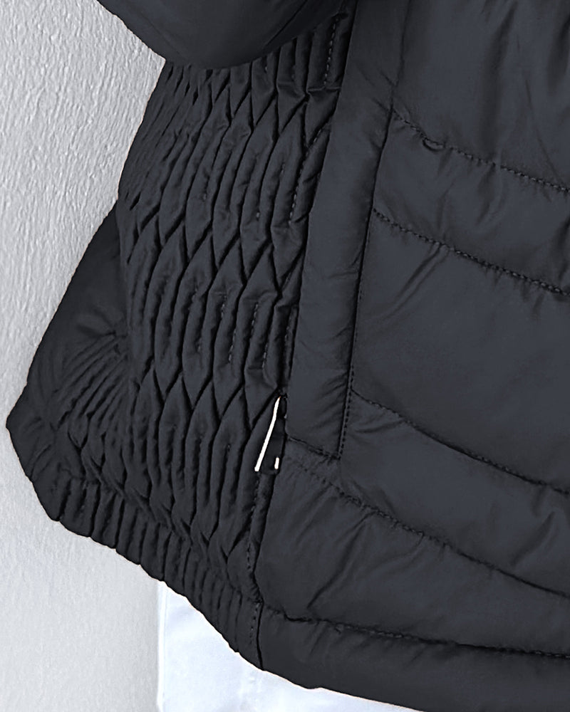 Zipper Pocket Design Shirred Fuzzy Trim Fleece Lined Hooded Puffer Jacket