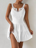 Notch Neck Sleeveless Lace Spliced A Line Dress Casual Ruffle Hem Ribbed Vacation Dress