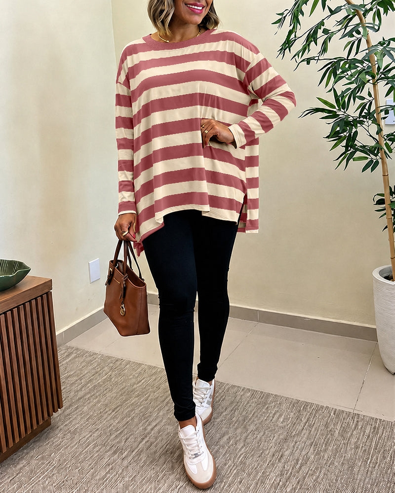 Women's Striped T Shirt Long Sleeve Drop Shoulder Crewneck Tee Side Slit Casual Loose Fit Top