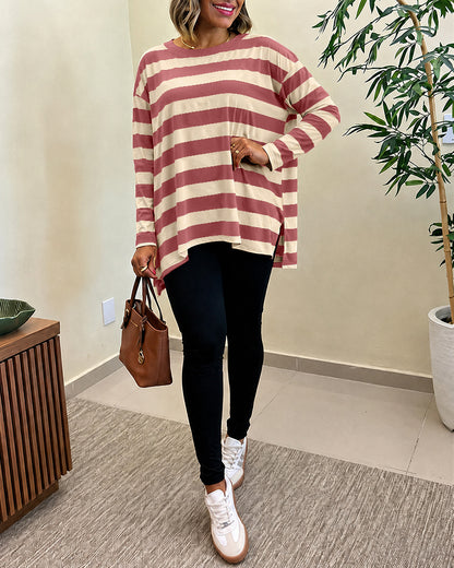 Women's Striped T Shirt Long Sleeve Drop Shoulder Crewneck Tee Side Slit Casual Loose Fit Top