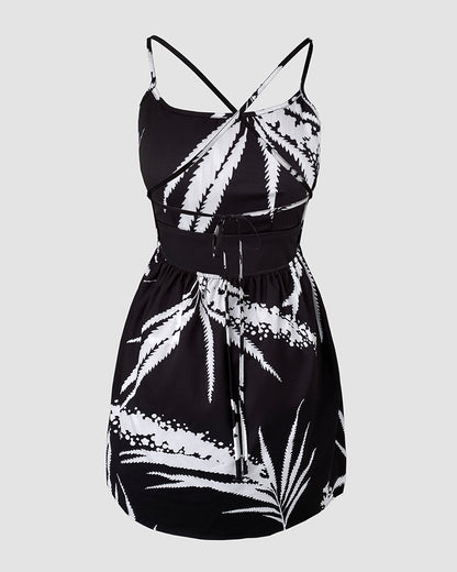 Tropical Print Cold Shoulder Spaghetti Strap Romper Ruched Backless Tied Detail Romper