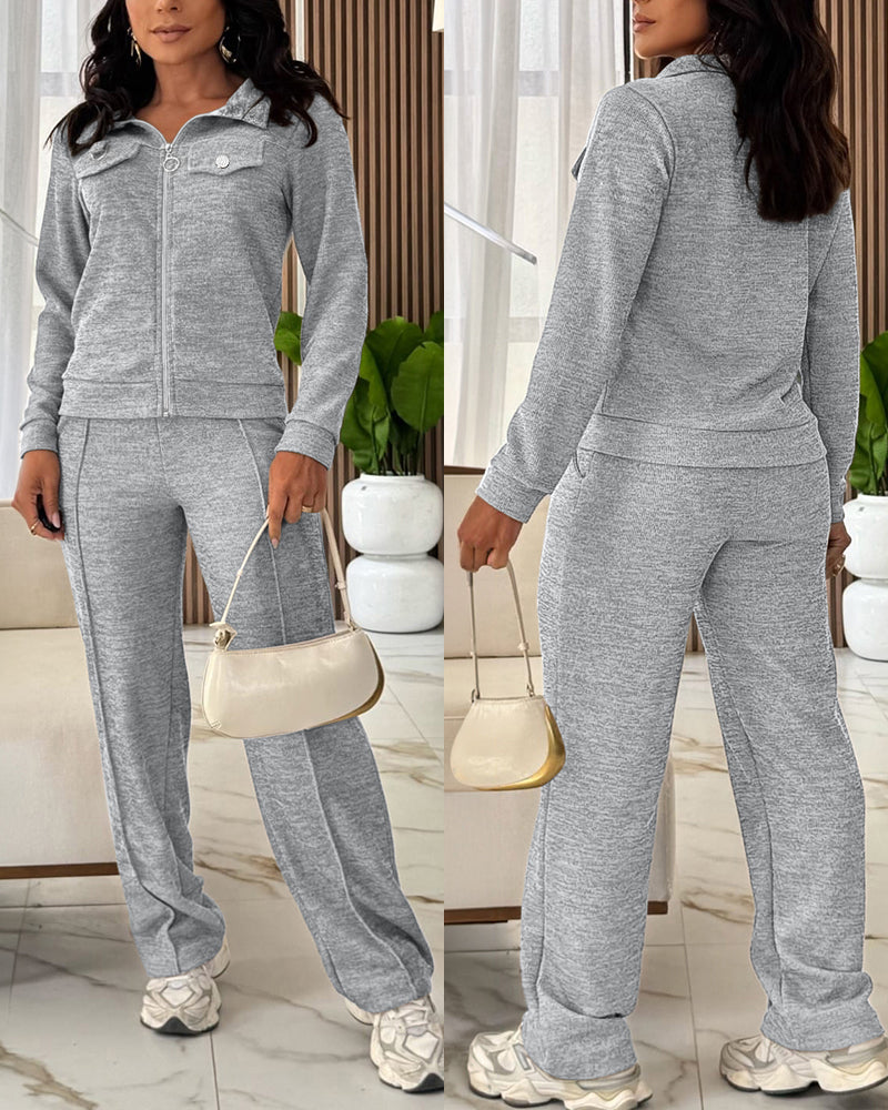 Women's Casual Tracksuit Set Zip Up Long Sleeve Lapel Jacket and High Waisted Straight Leg Pants Lounge Set with Pockets