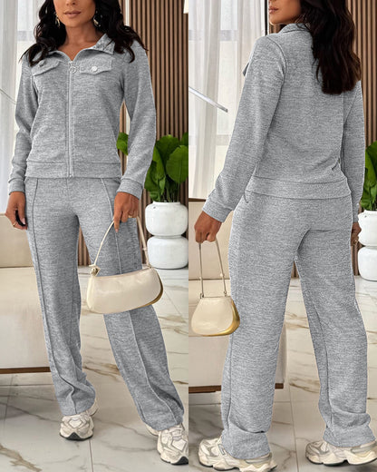 Women's Casual Tracksuit Set Zip Up Long Sleeve Lapel Jacket and High Waisted Straight Leg Pants Lounge Set with Pockets