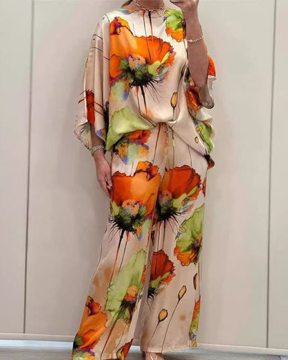 2 Pieces Outfit Floral Print Skew Neck Batwing Sleeve Top and Casual Elastic Wasit Wide Leg Pants Set