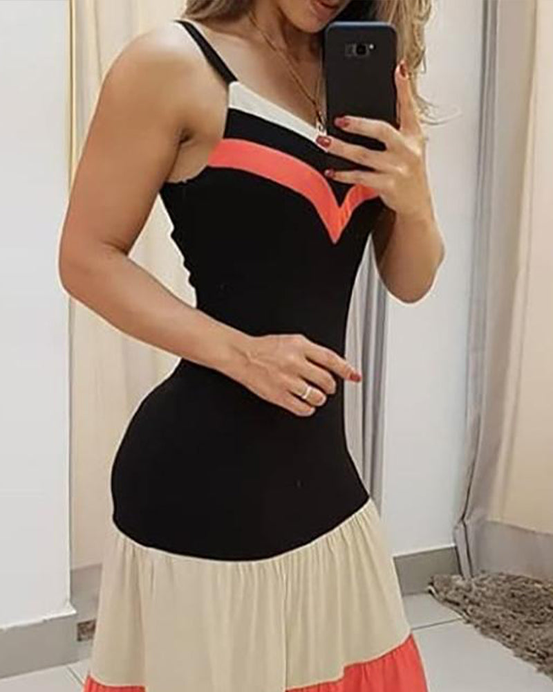 Spaghetti Strap Colorblock Ruched Ruffles Maxi Dress