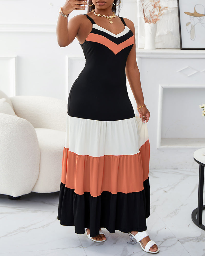 Spaghetti Strap Colorblock Ruched Ruffles Maxi Dress