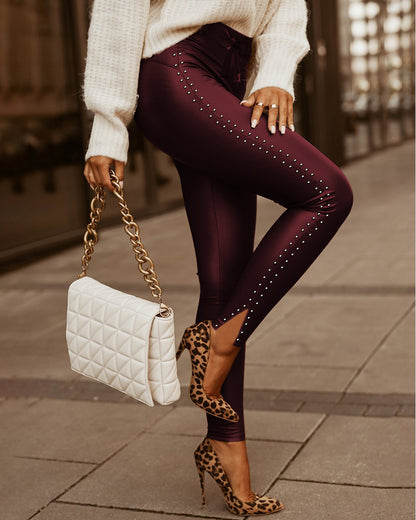 Side Studded Tied Detail Skinny Trousers High Waist Slit Hem PU Leather Pants