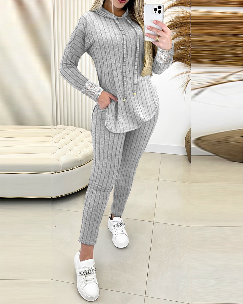 2 Pieces Outfit Drop Shoulder Lace Cuffs Asymmetrical Hem Drawstring Hoodie Top and Elastic Waist Slim Fit Pants Set Casual Brushed Ribbed Set