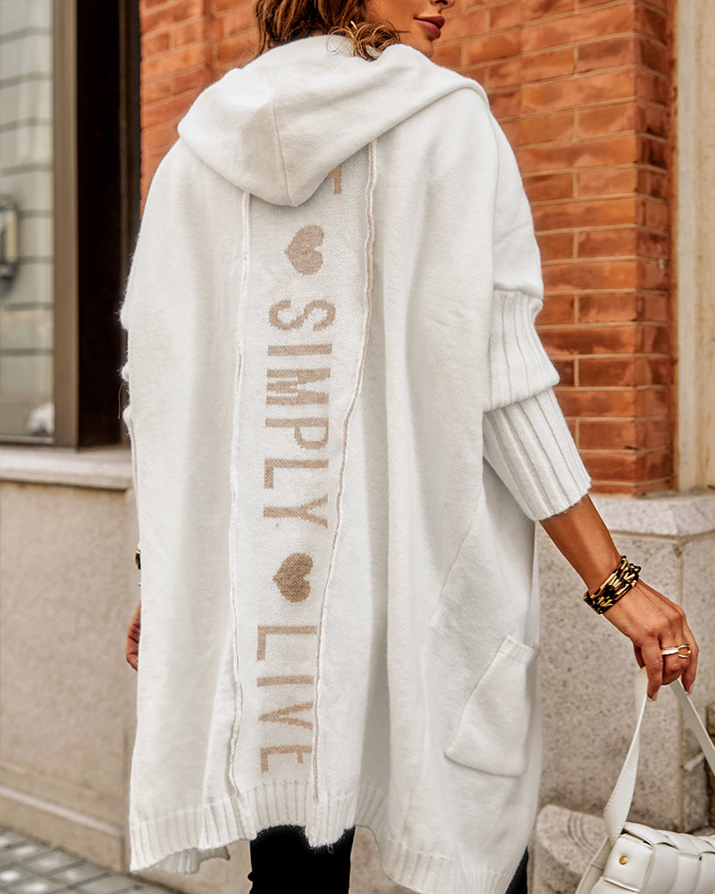 Letter Heart Pattern Long Cardigans Knitted Open Front Oversized Hooded Outerwear Sweater Coat