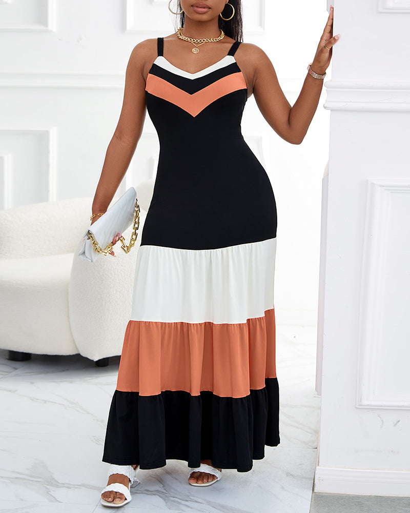 Spaghetti Strap Colorblock Ruched Ruffles Maxi Dress