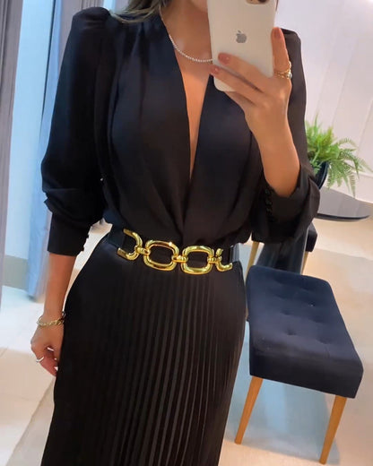 Elegant Women's Puff Long Sleeve V-neck Pleated Maxi Dress Dinner Dress (Without Belt)