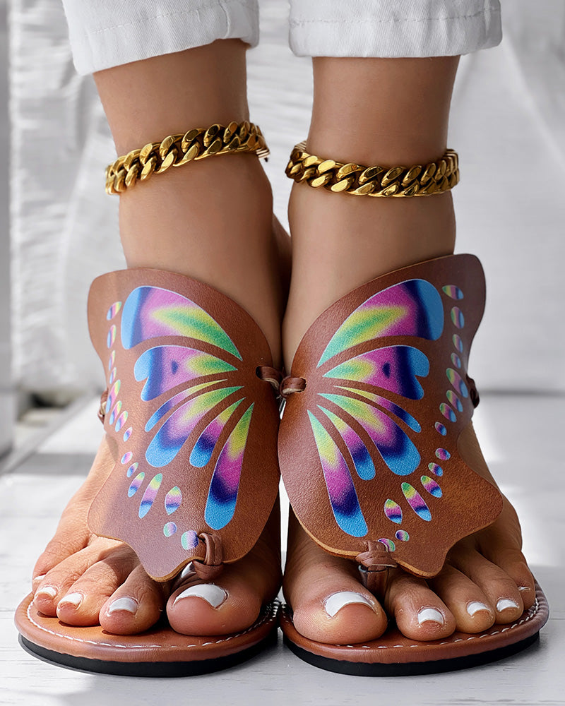 Colorblock Butterfly Print Toe Post Slippers