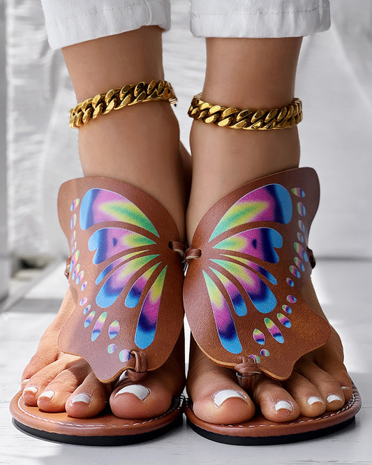 Colorblock Butterfly Print Toe Post Slippers