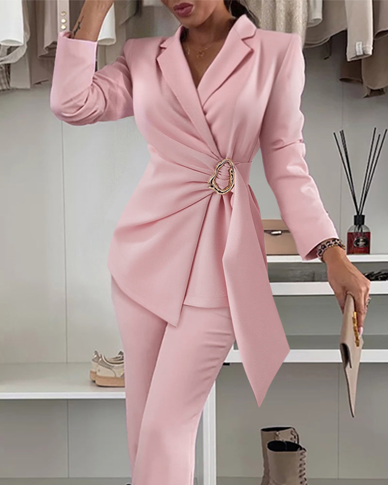 2 Pieces Outfit Metal Ring Decor Notched Collar Cinched Waist Wrap Front Coat and Zipper Fly Elastic Back Waist Pants Set Casual Blazer Set