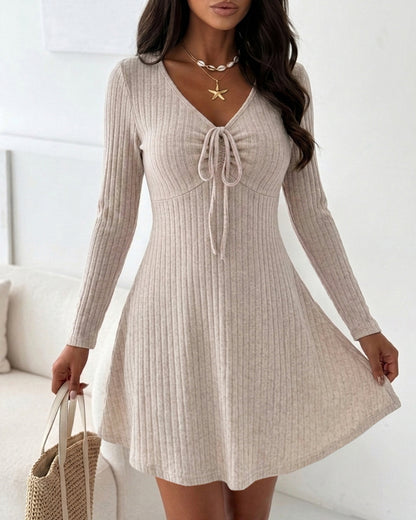 Women's V Neck Drawstring Long Sleeve Ribbed A Line Mini Dress