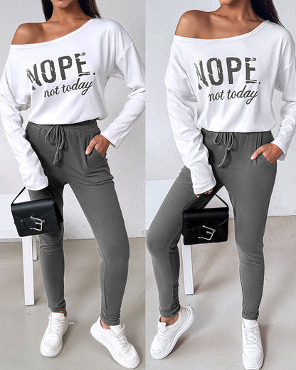 2 Pieces Outfit Nope. Not Today Slogan Print Skew Neck Long Sleeve Pullover Top And Casual Drawstring Stretchy Waist Slim Fit Pants Set